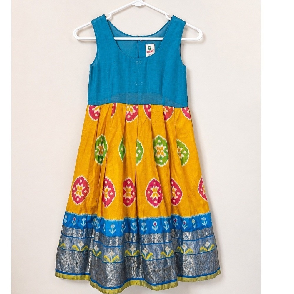 Pothys 100% Silk Colorblock‎ Ikat Fit & Flare Dress Blue Mustard